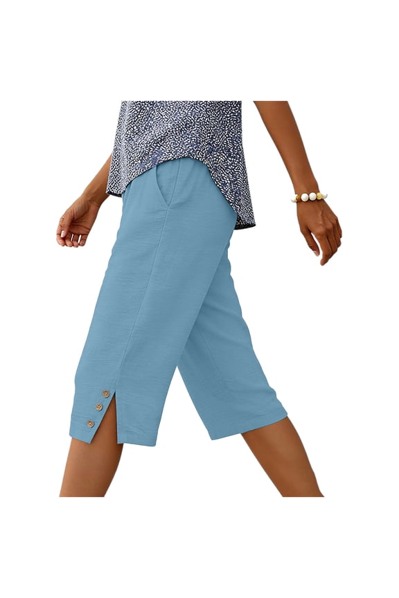 Shorts for Women Solid Straight Cut Side Button Slit Hem Multi Pocket Half Shorts Loose Summer Pants