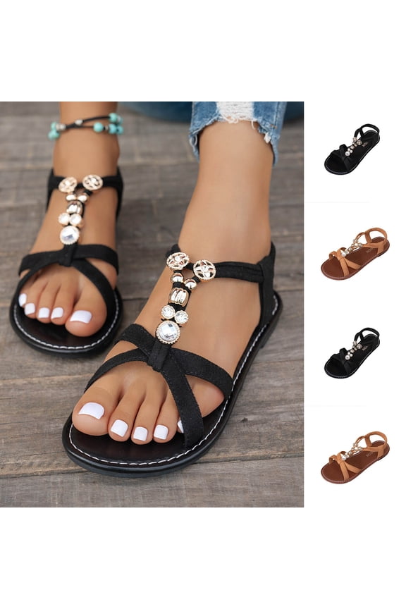 Women Tribal Slippers Elastic Slide On Beaded Low Heel Plus Size Summer Slides