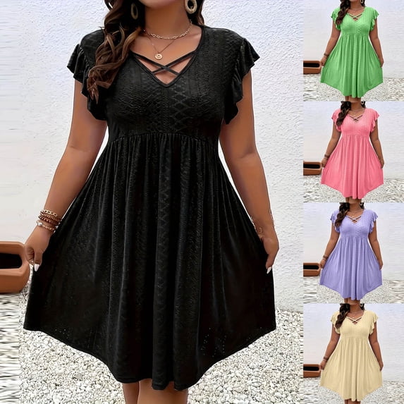 Rvasteizo Women V Neck Ruffle Sleeve Solid A Line Dress