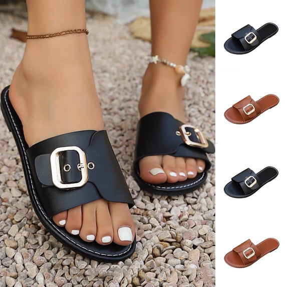 Rvasteizo Womens Slippers Leather Buckle Vacation Light Wide Size Summer Trendy Beach Casual Slides