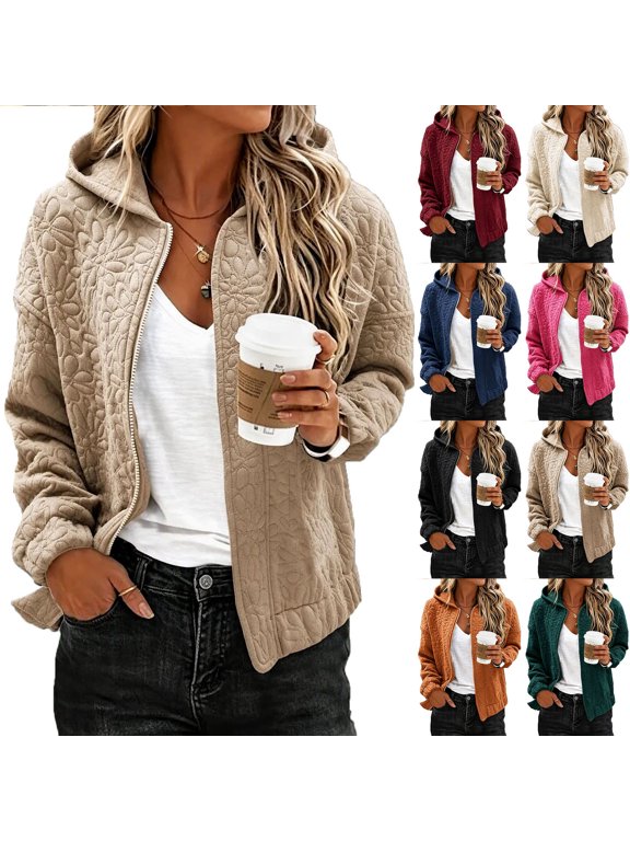 Women's Cable Knit Fleece Jacket Collared Full Zip Long Sleeve Kangaroo Fall Winter Wear