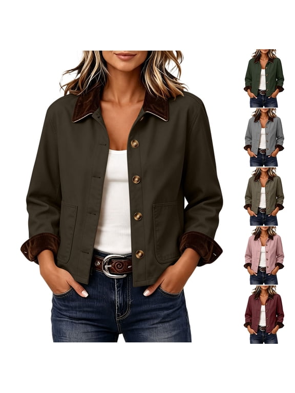 Women's Chore Jacket Corduroy Collar Button Up Long Sleeve Patch Pockets Fall Winter Wear