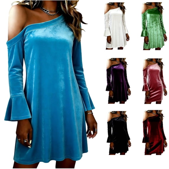 Rvasteizo Womens 3/4 Sleeve Skew Collar Dress Solid Color Velvet One Shoulder Casual Dress