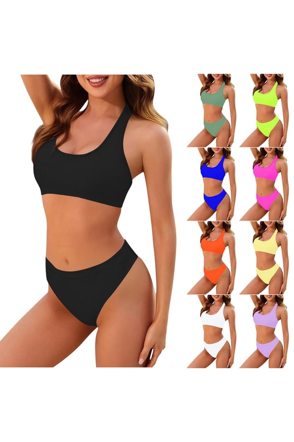 Womens Bikinis Set Solid Color Backless 2 Piece Swimsuit Wave Bikini