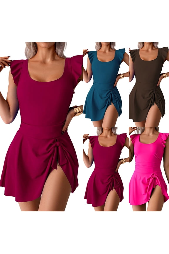 Womens Bikinis Top Round Neck Solid Color Ruffle Swimsuit Top