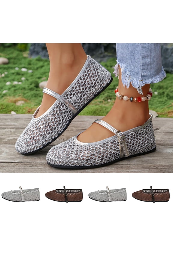 Womens Mesh Round Toe Shoes with Thin Ankle Strap Breathable Pull-On Summer