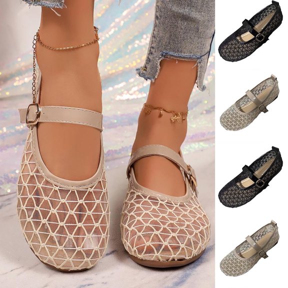 Rvasteizo Womens Mesh Round Toe Shoes with Thin Ankle Strap Breathable Pull-On Summer
