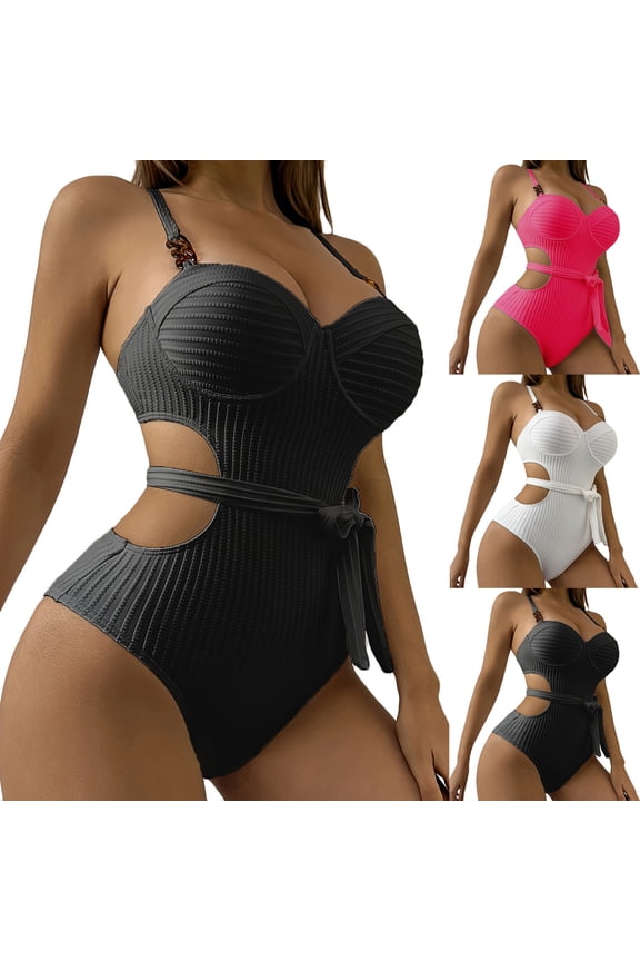 Womens OnePiece Bikini Set Solid Color Wave Strap Belt Push Up Sporty Swimsuit