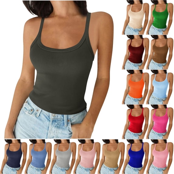 Rvasteizo Womens Ribbed Tank Tops Spaghetti Strap Slim Fitted Casual ...