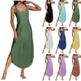 thumbnail image 1 of Rvasteizo Womens Sleeveless Round Neck Dress Solid Color Button Slit Mid Calf Dress, 1 of 5