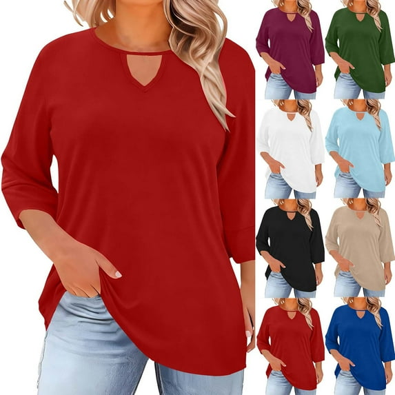 Rvasteizo Womens Summer 3/4 Sleeve Round Neck Blouses Shirts Solid Color 3/4 Sleeve Round Neck Hollow Out Plus Size Wear Top