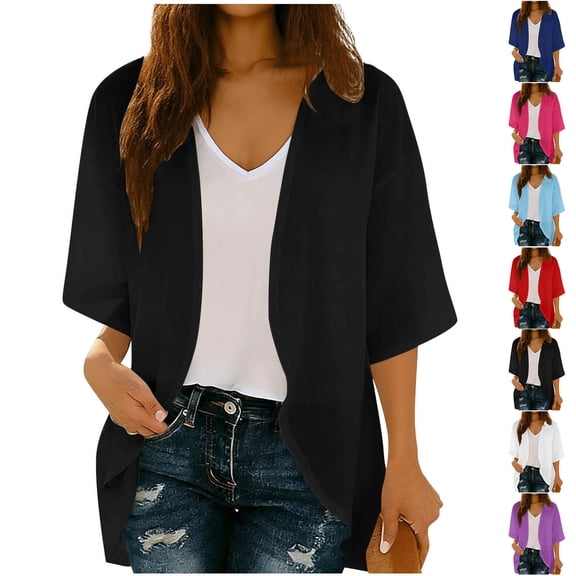 Rvasteizo Womens Summer 3/4 Sleeve Round Neck Blouses Shirts Solid Color 3/4 Sleeve Round Neck Open Front Cardigan Top