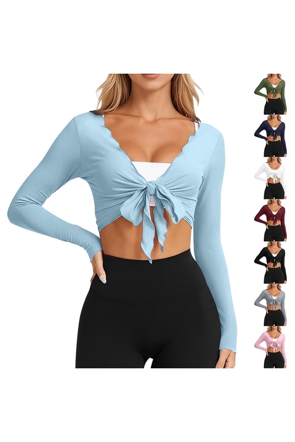 Womens Summer 3/4 Sleeve Round Neck Blouses Shirts Solid Color Wrap Front Long Sleeve Yoga Cover Up