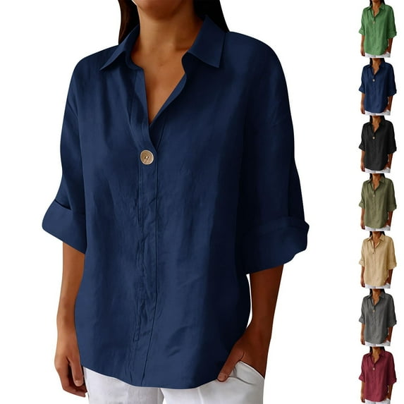 Rvasteizo Womens Summer 3/4 Sleeve V Neck Blouses Shirts Solid Color 3/4 Sleeve V Neck Turndown Collar Linen Top