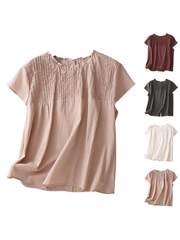Womens Summer Round Neck Blouses Shirts Solid Color Round Neck Reversible Button Pleated Casual Top