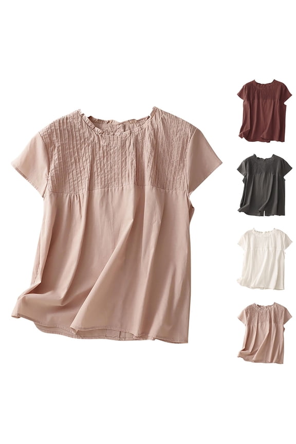 Womens Summer Round Neck Blouses Shirts Solid Color Round Neck Reversible Button Pleated Casual Top