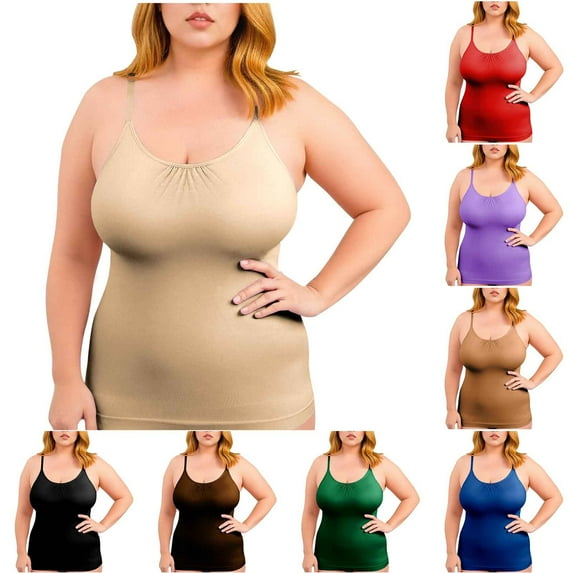 Rvasteizo Womens Summer Round Neck Camisoles Solid Color Plus Size Pleated Slim Basic Layering Top