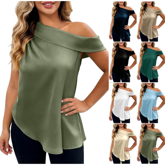 Rvasteizo Womens Summer Short Sleeve Off The Shoulder Blouses Shirts Solid Color Asymmetric Hem Satin Top