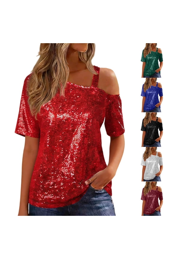 Womens Summer Short Sleeve Off The Shoulder Blouses Solid Color Short Sleeve One Shoulder Sequin Patchwork Top