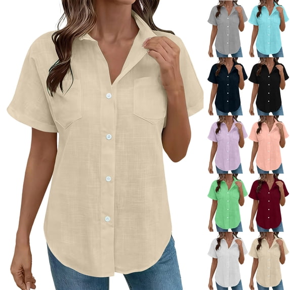 Rvasteizo Womens Summer Short Sleeve Round Neck Blouses Shirts Solid Color Basic Casual Daily Wear Loose Top
