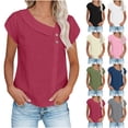 thumbnail image 1 of Rvasteizo Womens Summer Short Sleeve Round Neck Blouses Shirts Solid Color Short Sleeve Crescent Neck Button Petal Sleeve Top, 1 of 5