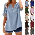 thumbnail image 1 of Rvasteizo Womens Summer Short Sleeve Round Neck Blouses Shirts Solid Color Short Sleeve Round Neck Lace Linen Button Crop Top, 1 of 4
