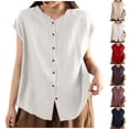 thumbnail image 1 of Rvasteizo Womens Summer Short Sleeve Round Neck Blouses Shirts Solid Color Short Sleeve Round Neck Linen Ruffle Neck Top, 1 of 5