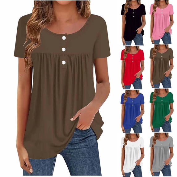Rvasteizo Womens Summer Short Sleeve Round Neck Blouses Shirts Solid Color Short Sleeve Round Neck Pleated Button Back Top