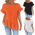 thumbnail image 1 of Rvasteizo Womens Summer Short Sleeve Round Neck Blouses Shirts Solid Color Short Sleeve Round Neck Striped Print Casual Top, 1 of 5