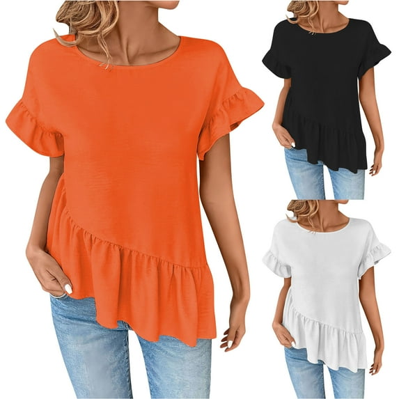 Rvasteizo Womens Summer Short Sleeve Round Neck Blouses Shirts Solid Color Short Sleeve Round Neck Striped Print Casual Top