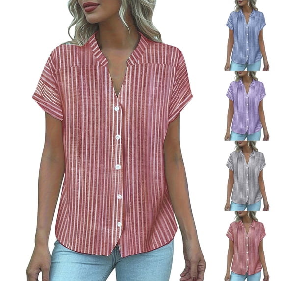 Rvasteizo Womens Summer Short Sleeve V Neck Blouses Shirts Solid Color Casual Loose Daily Wear Top