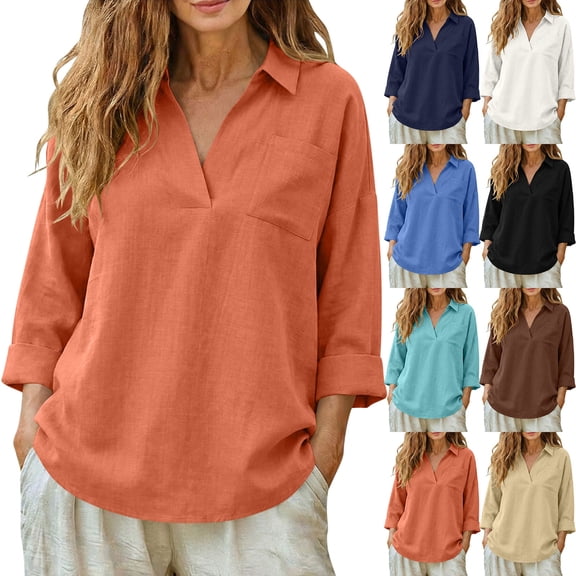Rvasteizo Womens Summer Short Sleeve V Neck Blouses Shirts Solid Color Linen Long Sleeve Open Top