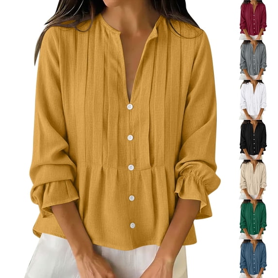 Rvasteizo Womens Summer Short Sleeve V Neck Blouses Shirts Solid Color Linen Pleated Button Front Top