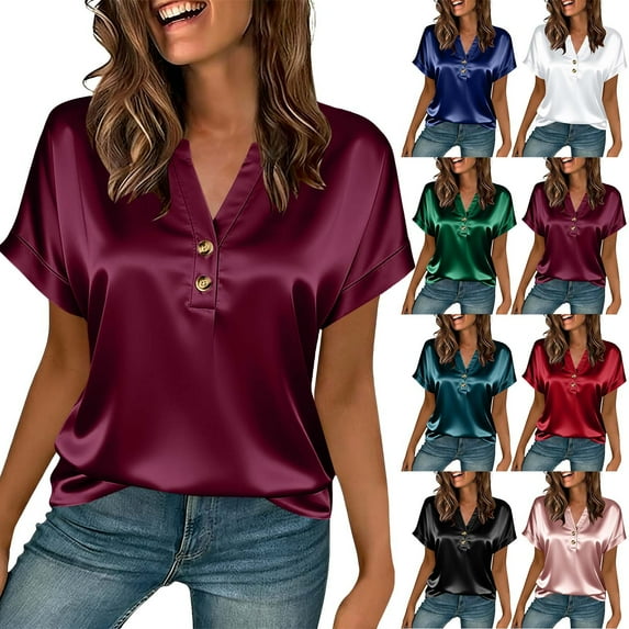 Rvasteizo Womens Summer Short Sleeve V Neck Blouses Shirts Solid Color Short Sleeve V Neck Button Pocket Top