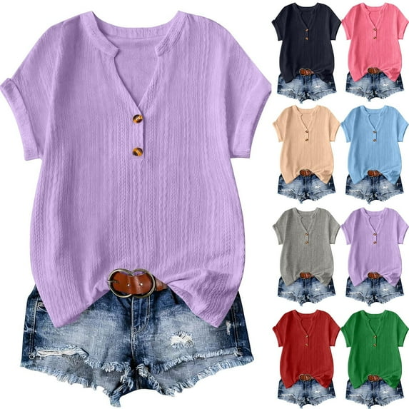 Rvasteizo Womens Summer Short Sleeve V Neck Blouses Shirts Solid Color Short Sleeve V Neck Casual Basic Wear Top