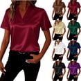 thumbnail image 1 of Rvasteizo Womens Summer Short Sleeve V Neck Blouses Shirts Solid Color Short Sleeve V Neck Loose Satin Top, 1 of 5