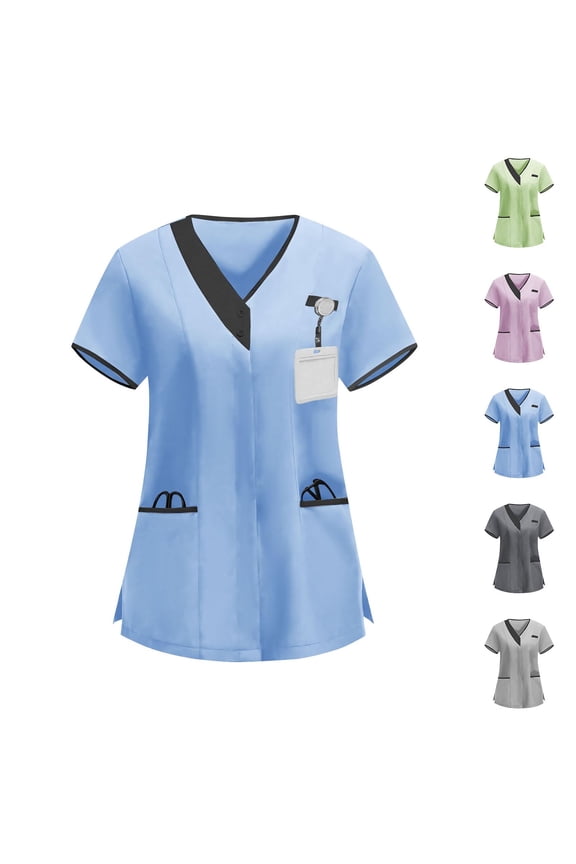 Womens Summer Short Sleeve V Neck Blouses Shirts Solid Color Short Sleeve V Neck Nurse Care Work Uniform Top