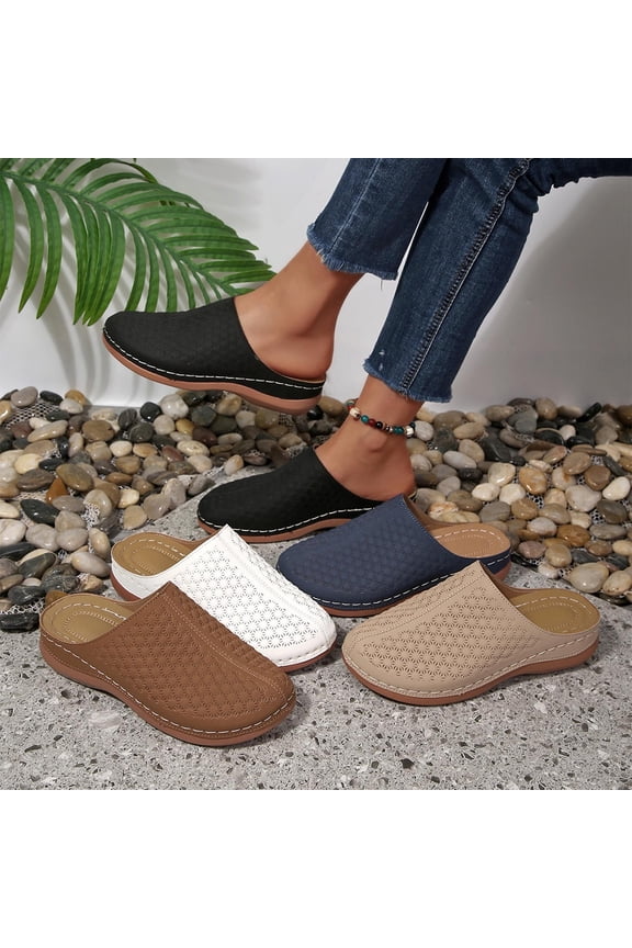 Womens Summer Solid Closed Toe Wedge Shoes Open Toe Mule Style Pull-On Lightweight