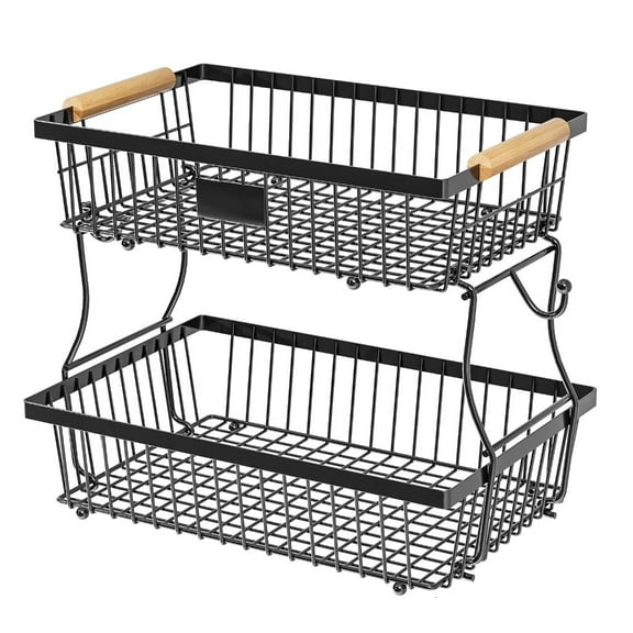 Rvaymup 2-Tiers Fruit Holder Basket Stackable Vegetable Storage Rack with Banana Hangers