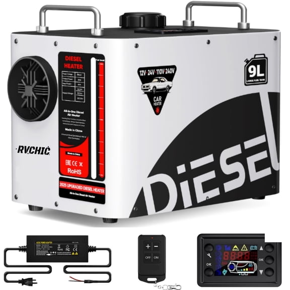 Rvchic 12/24V/110V 8KW Diesel Air Heater,All in One 9L Portable Diesel Heater with Remote Control and LCD Screen,for Truck Van RV Trailer Camper,Red