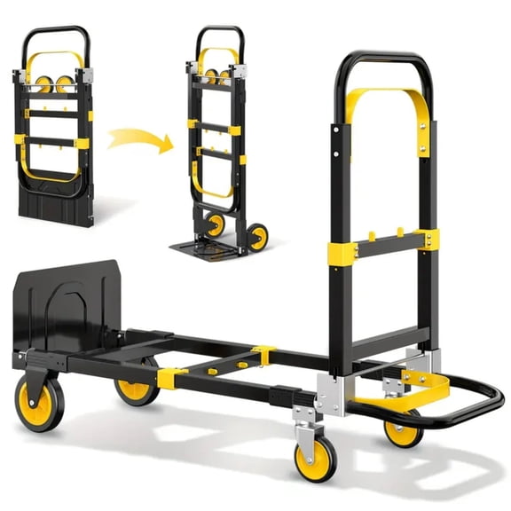 Rvchic 2 in 1 Foldable Heavy Duty Hand Truck with Retractable Handle and 4 Rubber Wheels,Industrial Convertible Dolly Cart for Moving,Travel,Office Use,600lbs