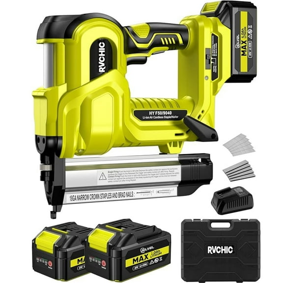 Rvchic 2-in-1 Cordless Electric Brad Nailer with 2 * 2.0Ah Battery for Upholstery,Carpentry and Woodworking,1000pcs Nails,18GA Staples Included,Green