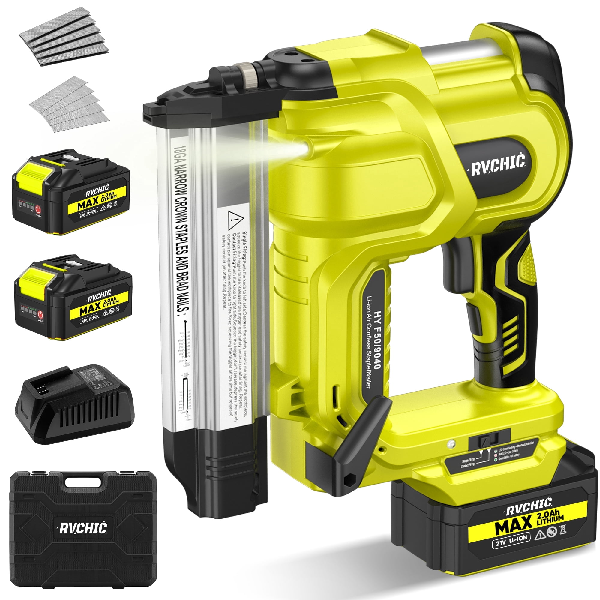 Rvchic 18GA 2-in-1 Cordless Brad Nailer with 2 * 2.0Ah Battery& 1000pcs Nails,for Woodworking,Home Improvement,Green