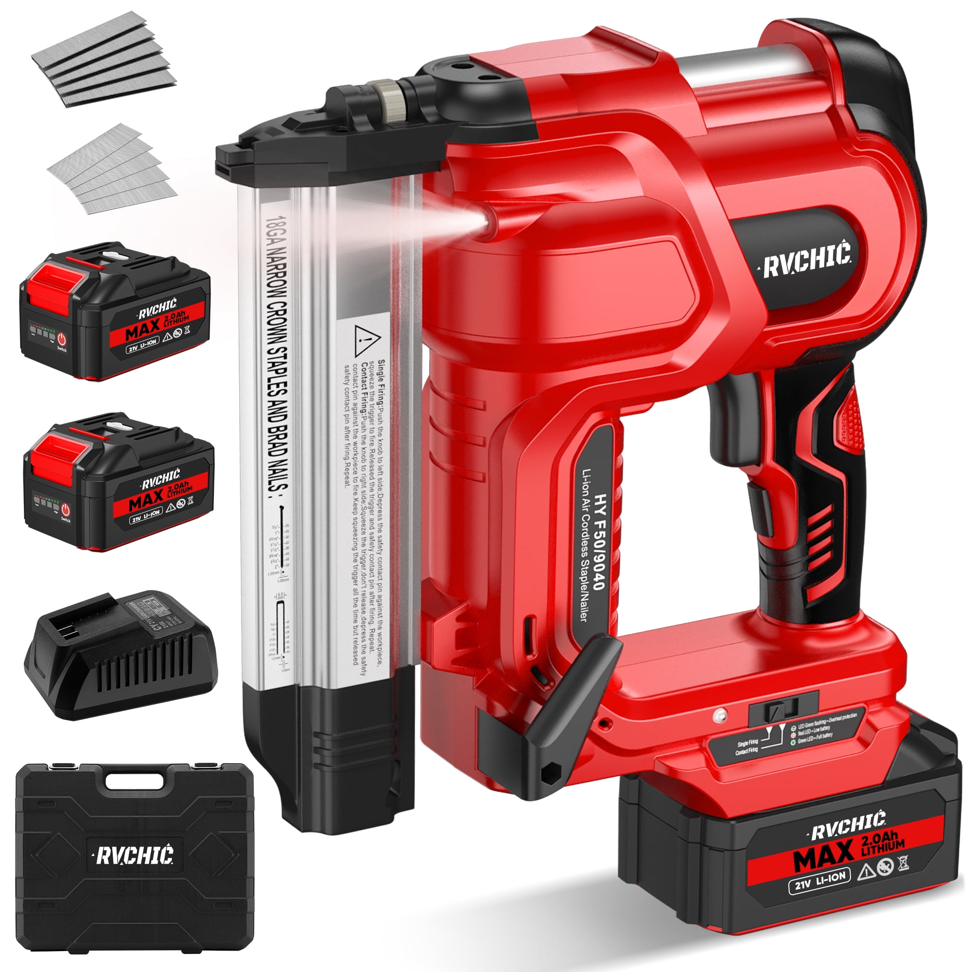 Rvchic 2-in-1 Cordless Electric Brad Nailer with 2 * 2.0Ah Battery for Upholstery,Carpentry and Woodworking,1000pcs Nails,18GA Staples Included,Red