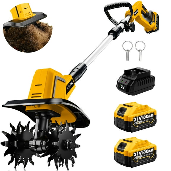 Rvchic 21V Cordless Tiller Cultivator with 2x5000mAh Batteries,720RPM High-Speed, 7"Depth for Lawn/Gardening/Soil Cultivation 4 Blades,Yellow