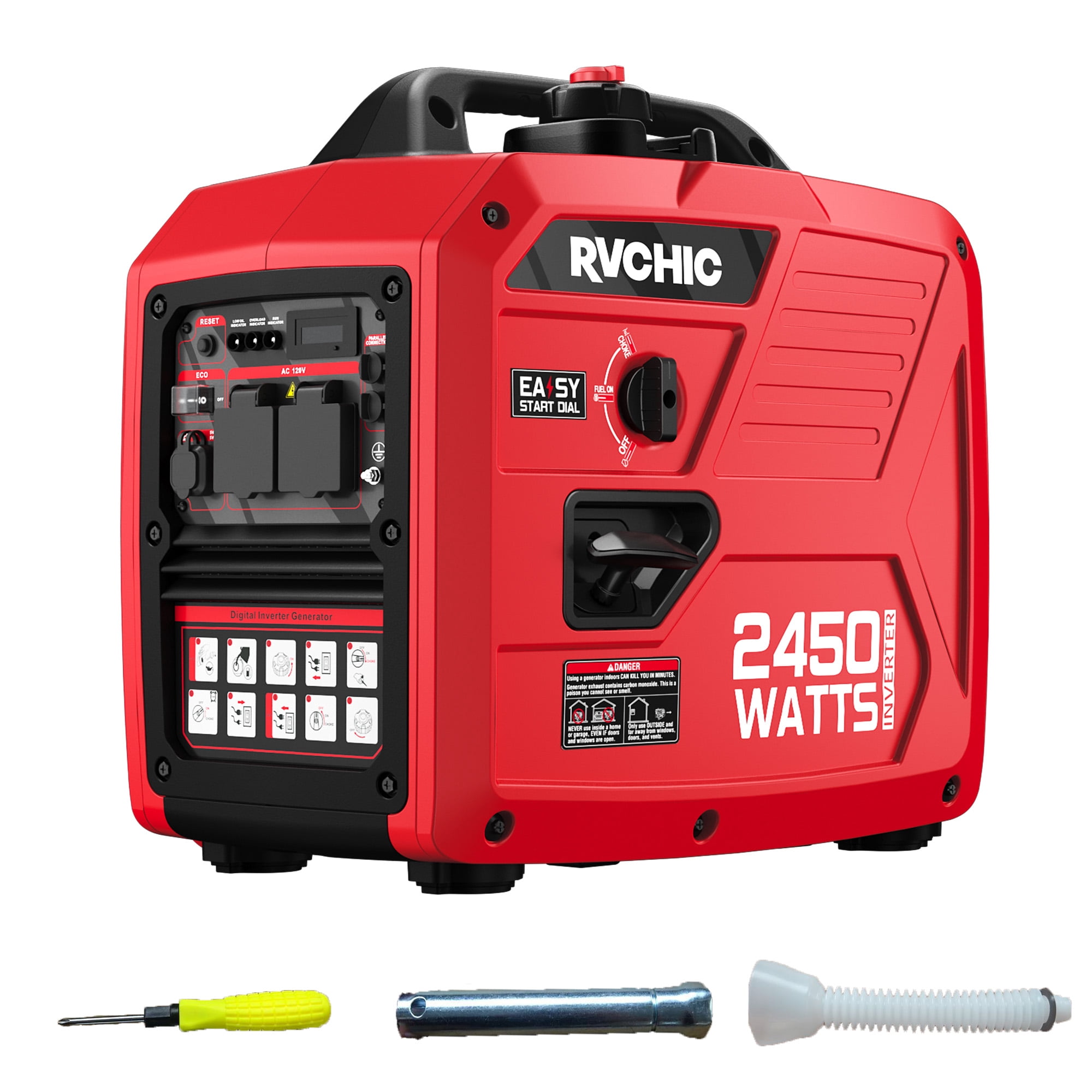 Rvchic 2450-Watt Super Quiet & Lightweight Portable Inverter Generator,Gas Powered,Long Run Time，Parallel Capable Generator,For Camping,Home Use Red