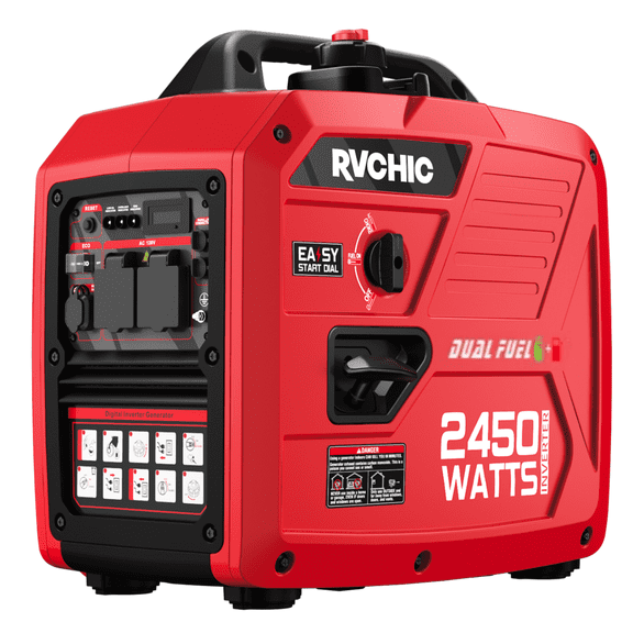 Rvchic 2450W Duel Fuel Propane Powered Generator with Included 1.6 Gallon Large Fuel Tank Super Quiet for RV, Camping and Home Red