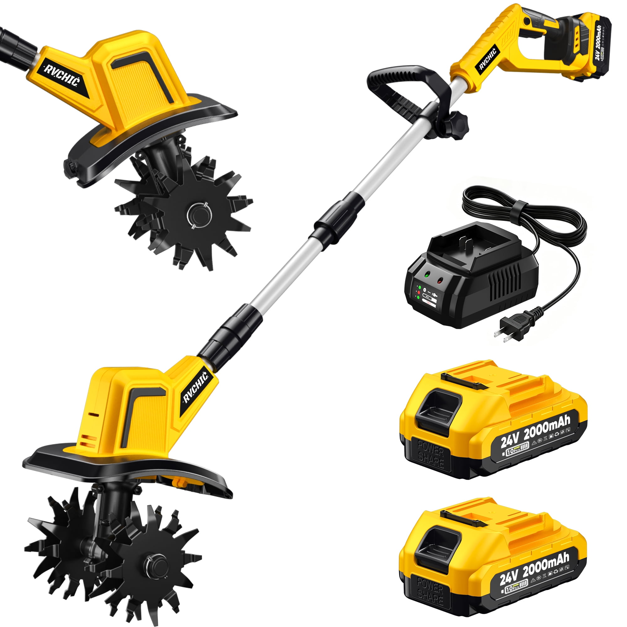 Rvchic 24V Cordless Tiller Cultivator with 2x2000mAh Batteries,360RPM High-Speed,4"Width x 6"Depth for Lawn/Gardening/Soil Cultivation 4 Blades