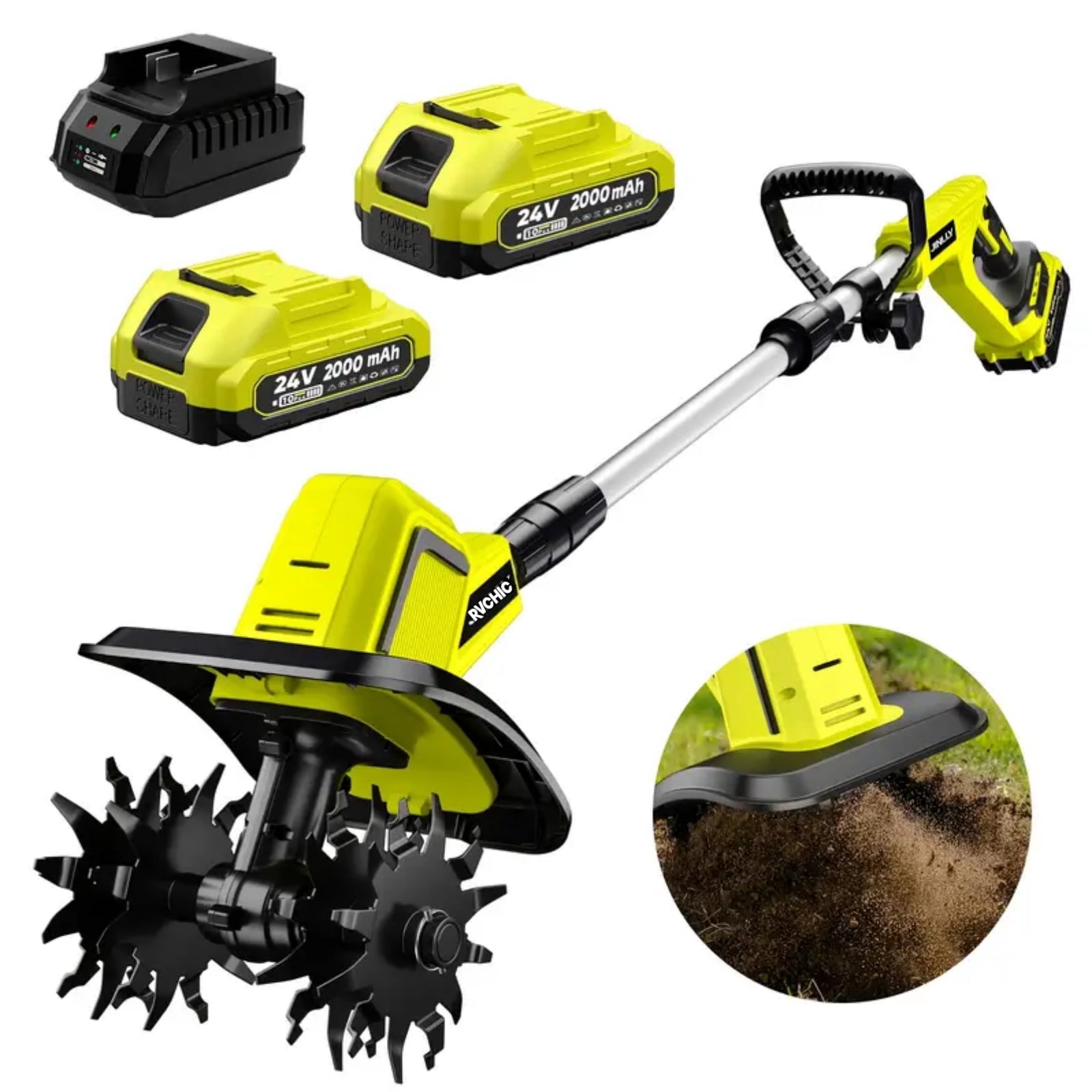 Rvchic 24V Cordless Tiller Cultivator with 2x2000mAh Batteries,360RPM High-Speed,4"Width x 6"Depth for Lawn/Gardening/Soil Cultivation 4 Blades