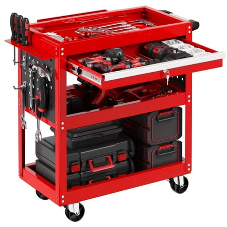 Rvchic 3 Tier Heavy Duty Utility Cart,Metal Industrial Service Rolling Carts with Locked Drawers for Garage, Warehouse and Repair Shop(Red)